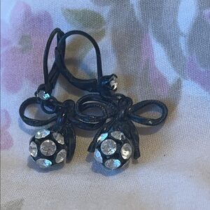 Betsey Johnson Black Bow Drop Earrings with Clear Crystal Balls